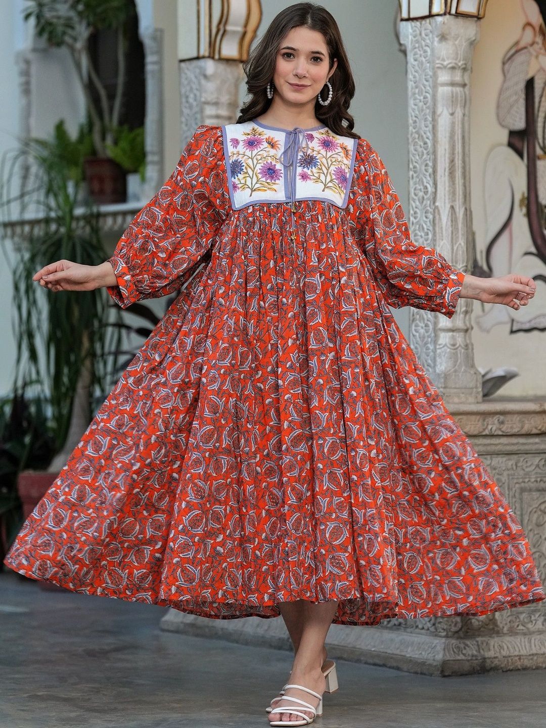 The Jaipur Art Floral Print Tie-Up Neck Bishop Sleeve Fit & Flare Midi Dress-image-43