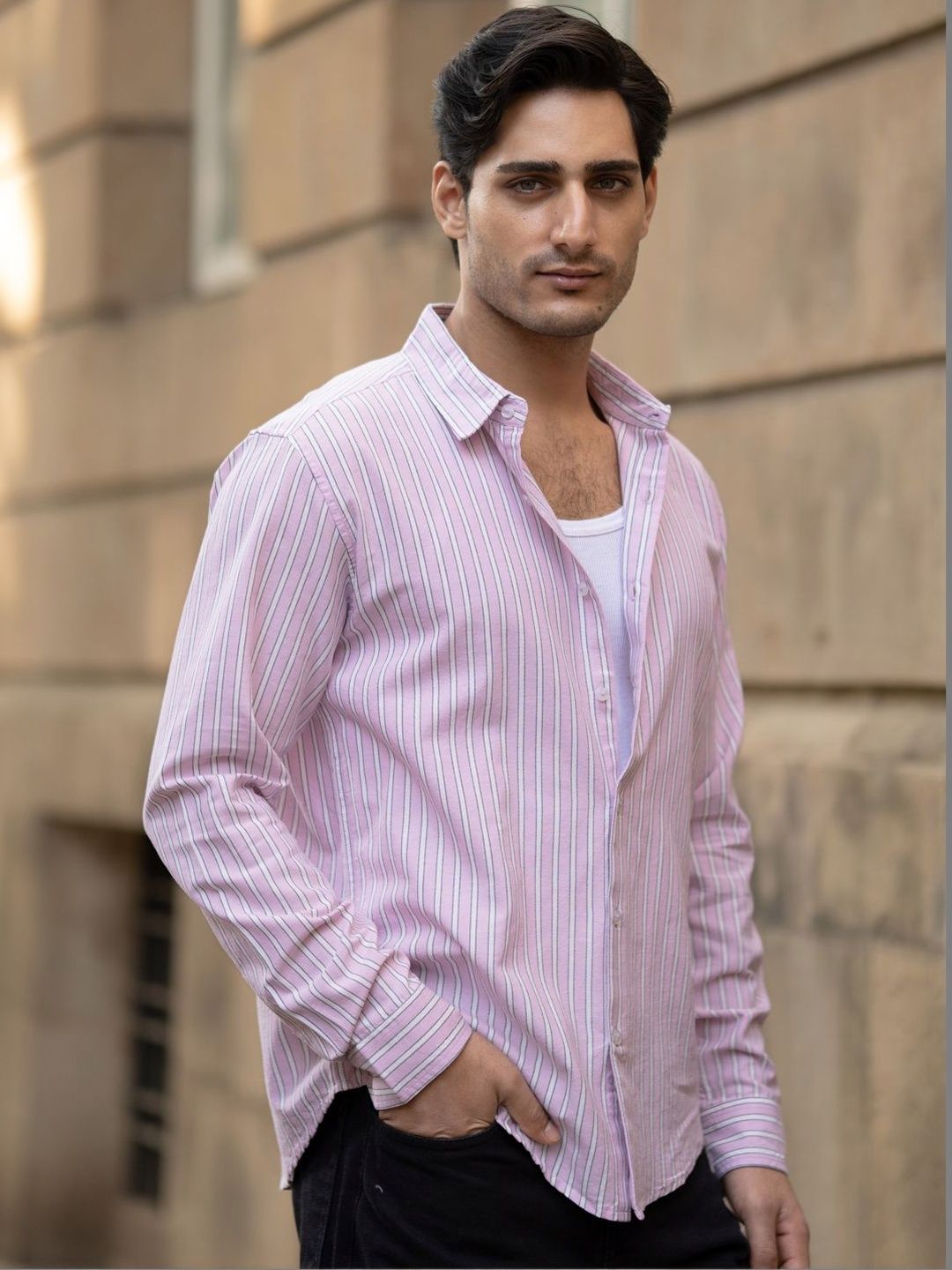 Powerlook Cotton Oxford Vertical Stripes Long Sleeves Shirt