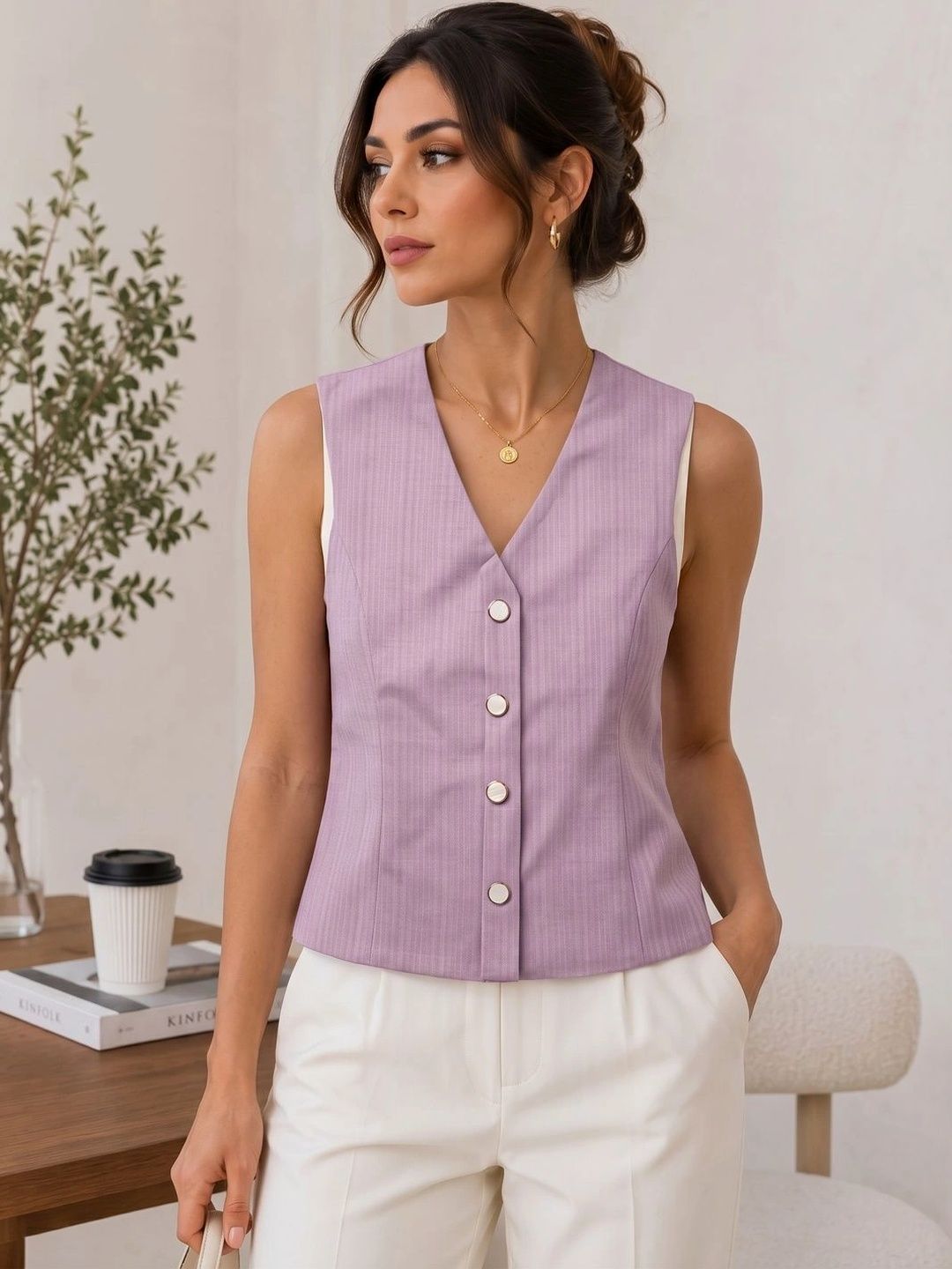 NEW-18 Striped V-Neck Woven Casual Waistcoat-picture-14