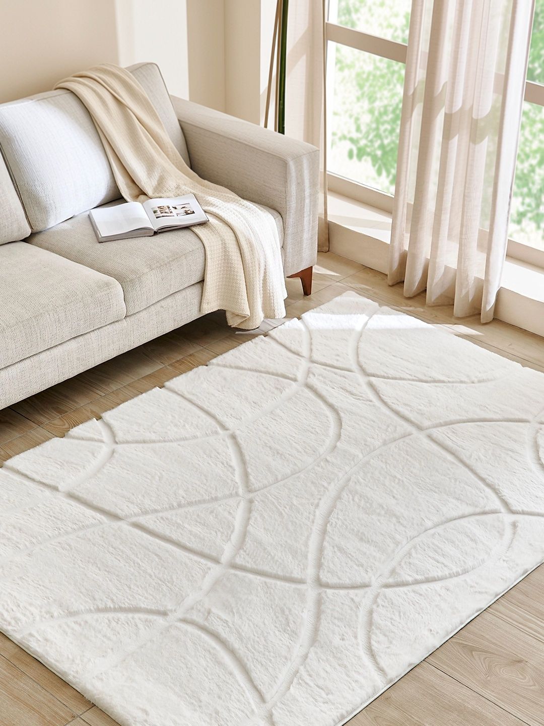 Home Centre Cream-Coloured Geometric Shaggy Polyester Carpet-picture-15