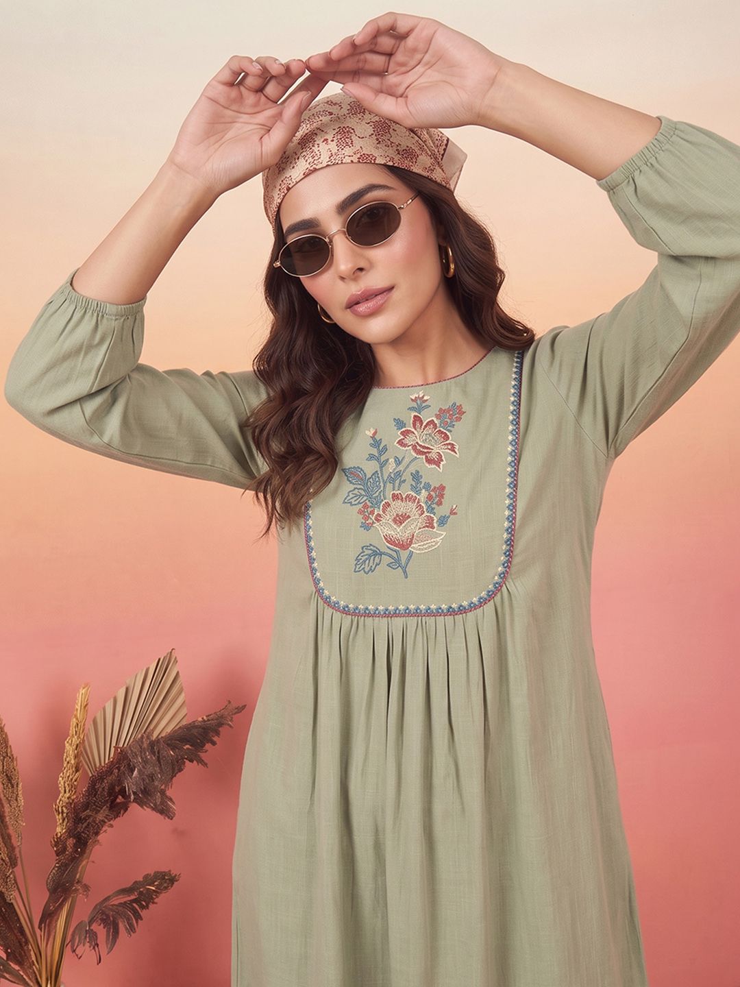 Janasya Floral Embroidered Linen Cotton A-Line Dress-picture-19