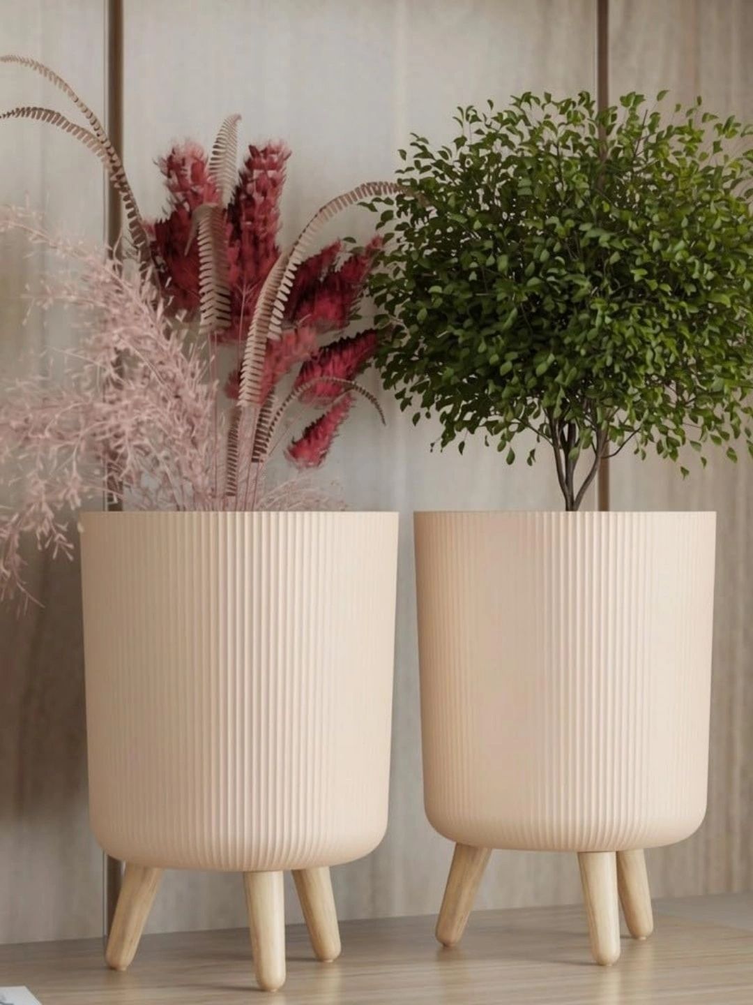 Aura 2-Pcs Cream Ribbed Round Planters With Legs-picture-46