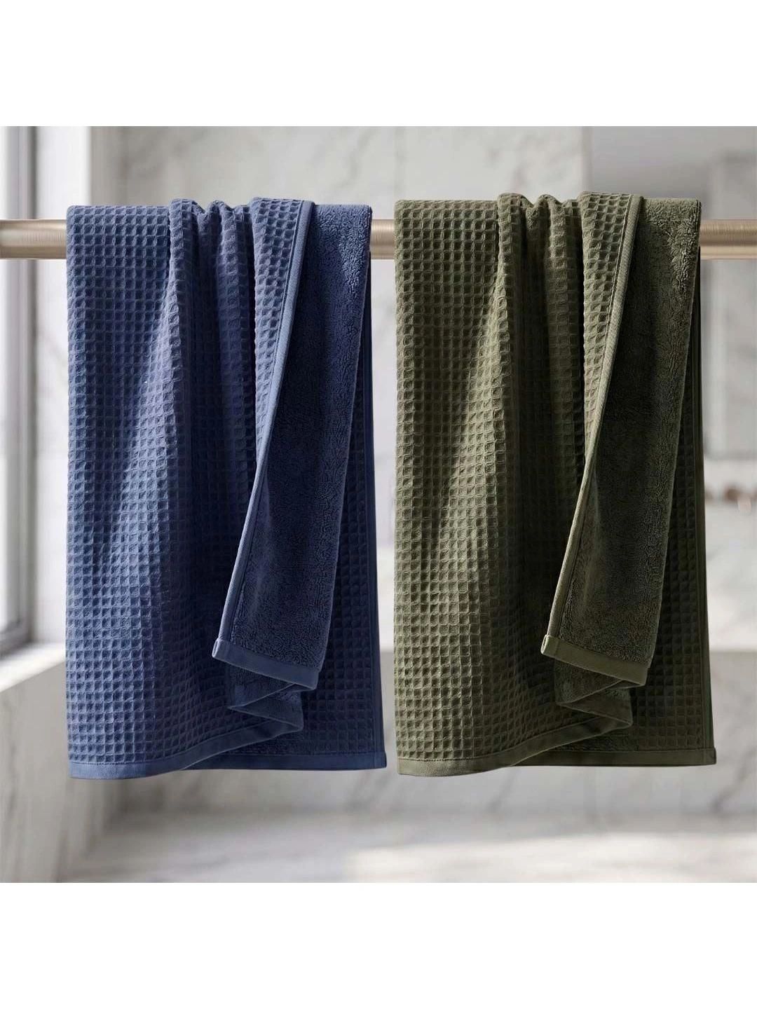 Athom Living Olive Green & Navy Blue 2 Cotton 450 GSM Bath Towel-image-14