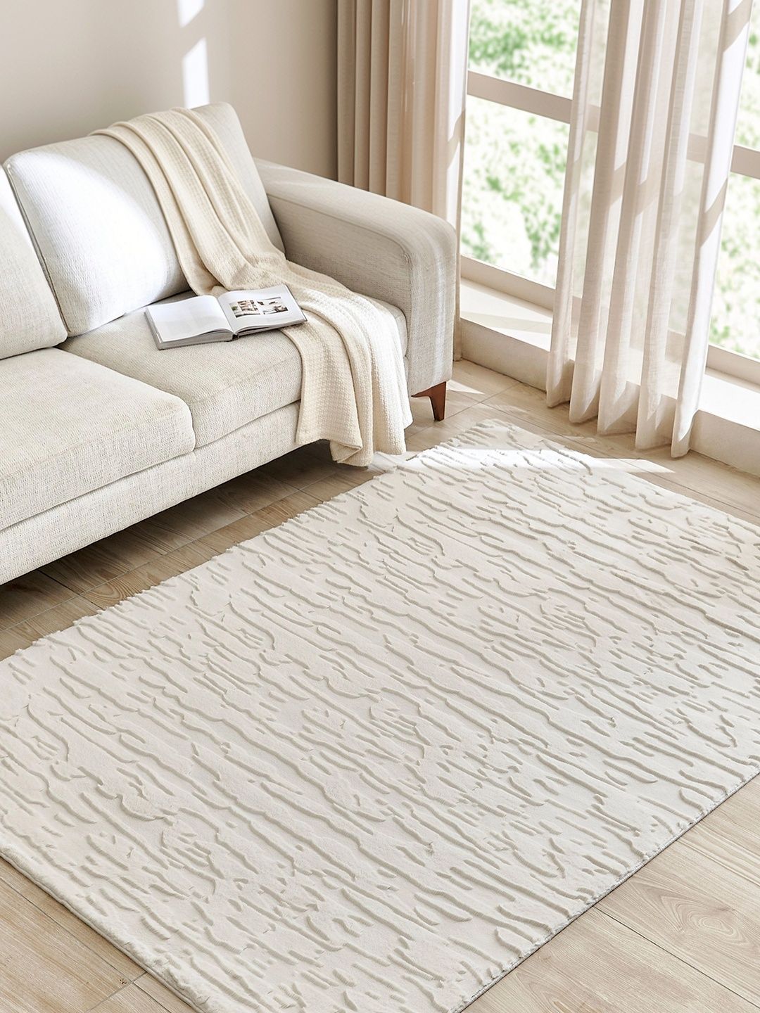 Home Centre Beige Abstract Shaggy Polyester Carpet-picture-20