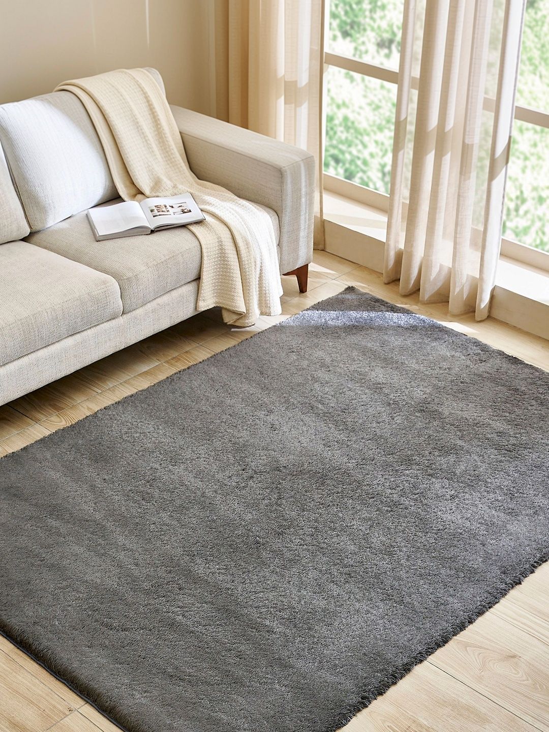 Home Centre Grey Solid Shaggy Polyester Carpet-picture-57