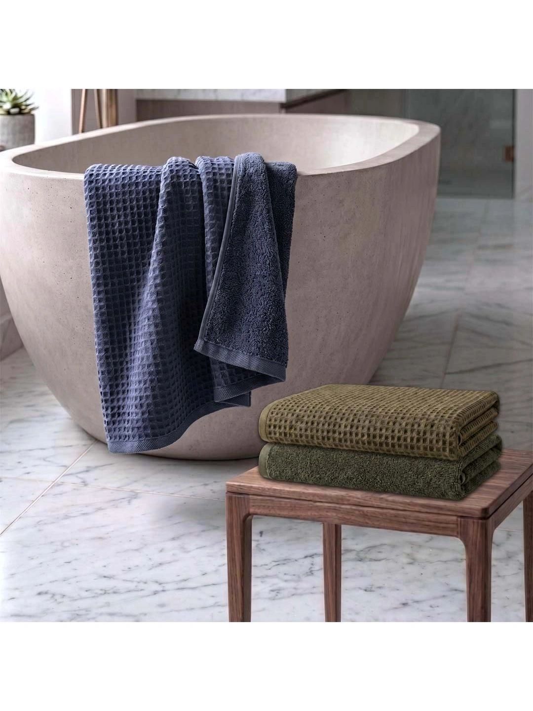 Athom Living Green & Navy Blue 3 Cotton 450 GSM Bath Towel-image-15