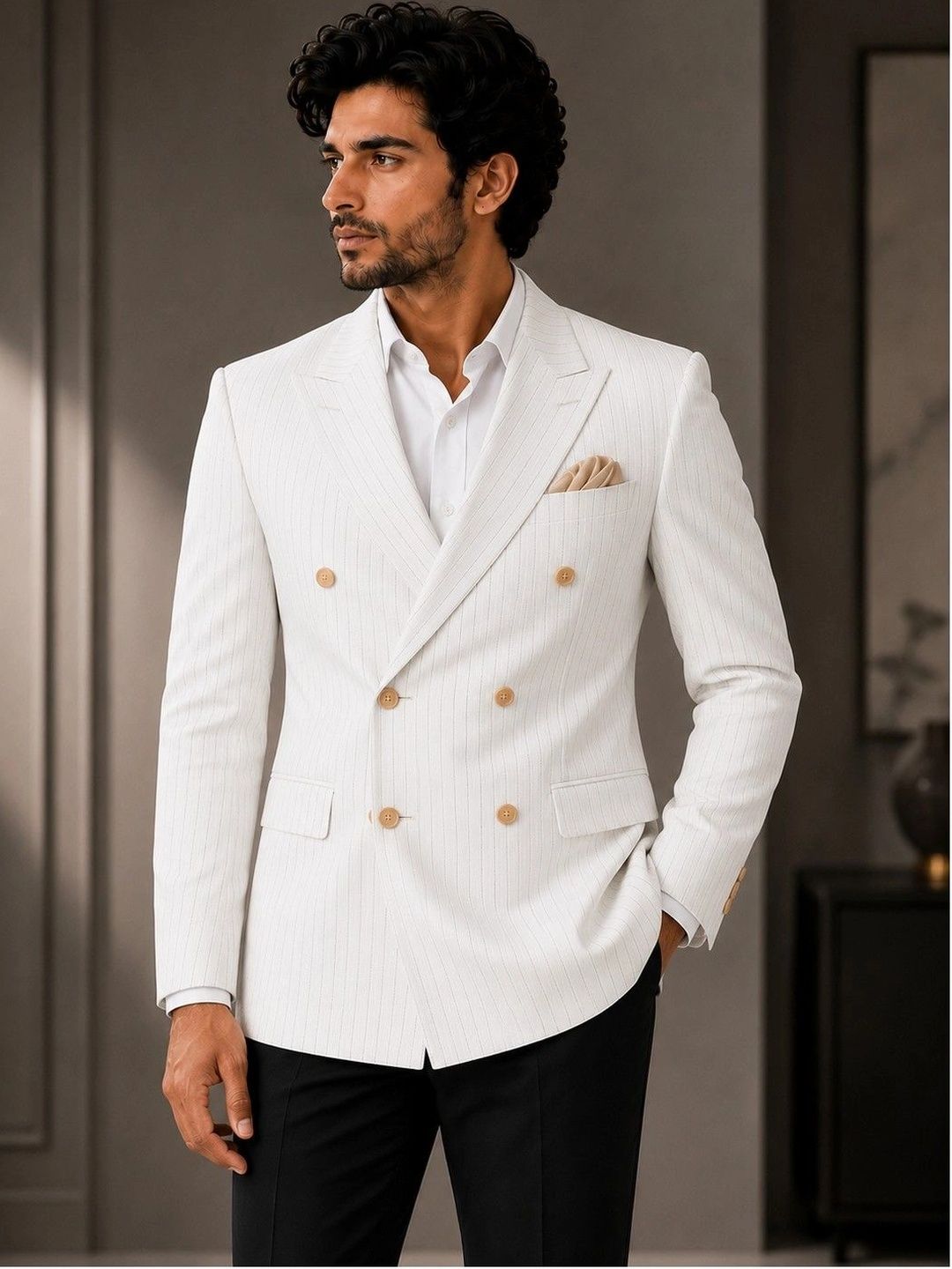 House of Pataudi Striped Peaked Lapel Double-Breasted Tailored Fit Party Blazers-image-12