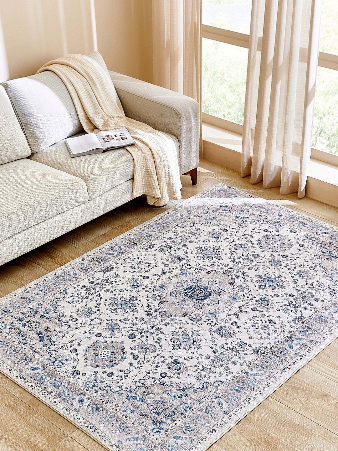 Home Centre Blue Traditional Anti-Skid Polyester Carpet-picture-19