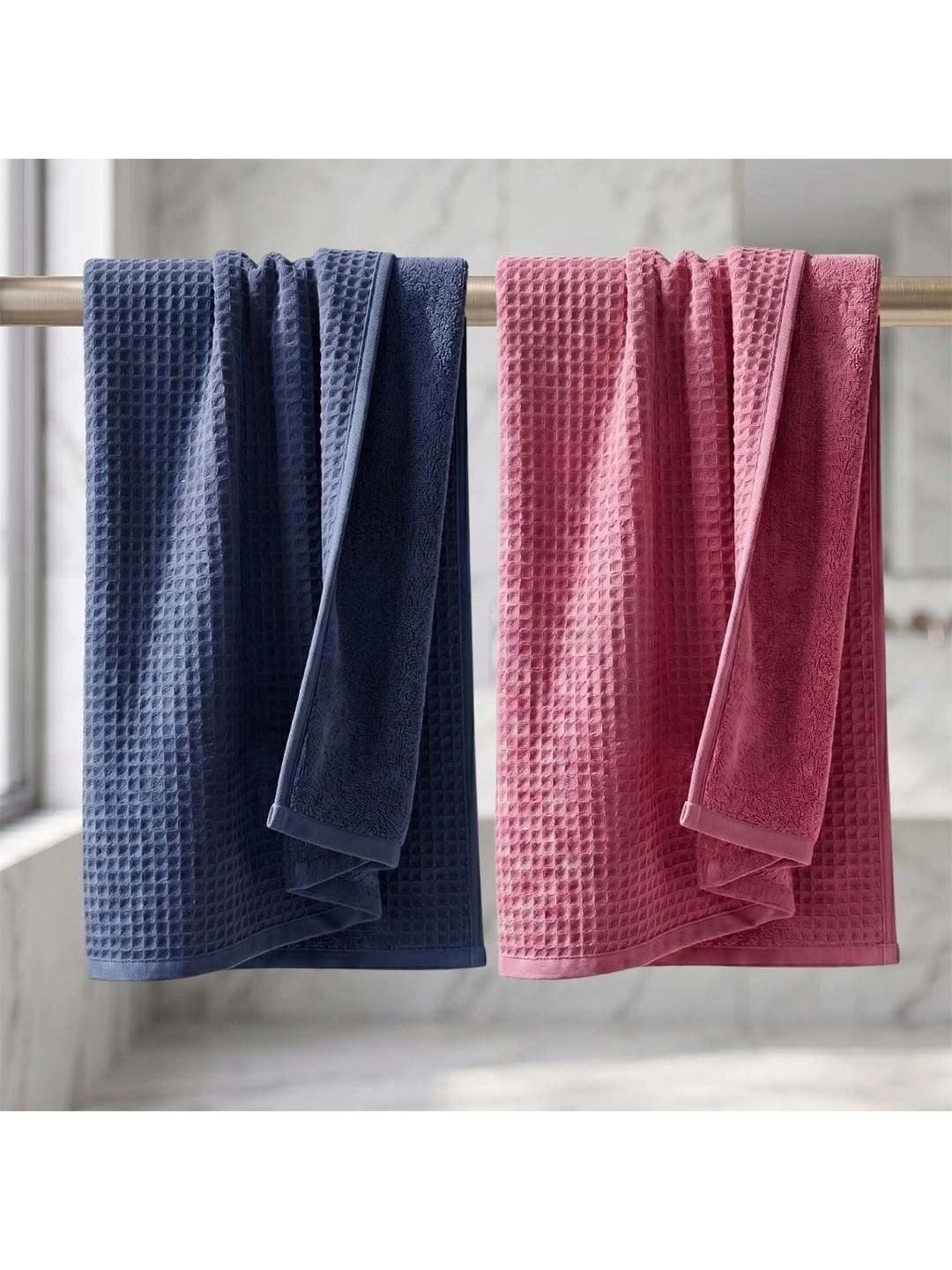 Athom Living Navy Blue & Pink 2 Cotton 450 GSM Bath Towel-image-25