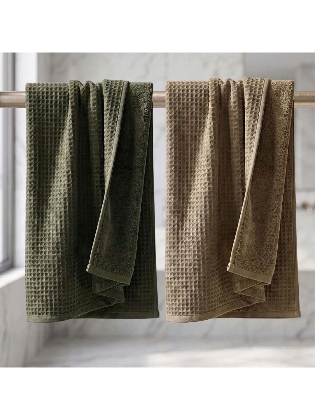 Athom Living Tan & Olive Green 2 Cotton 450 GSM Bath Towel-image-28