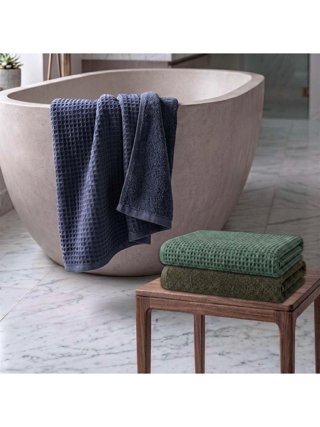 Athom Living Green & Navy Blue 3 Cotton 450 GSM Bath Towel-picture-1