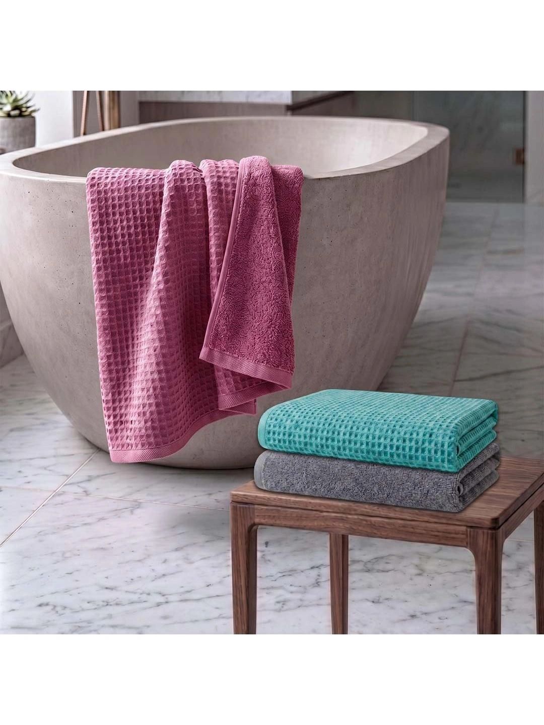 Athom Living Turquoise Blue & Pink 3 Cotton 450 GSM Bath Towel-image-30