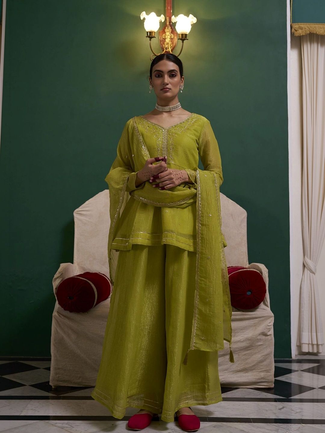 Women Neon Silk Embroidered Kurta & Sharara Set With Dupatta-image-28