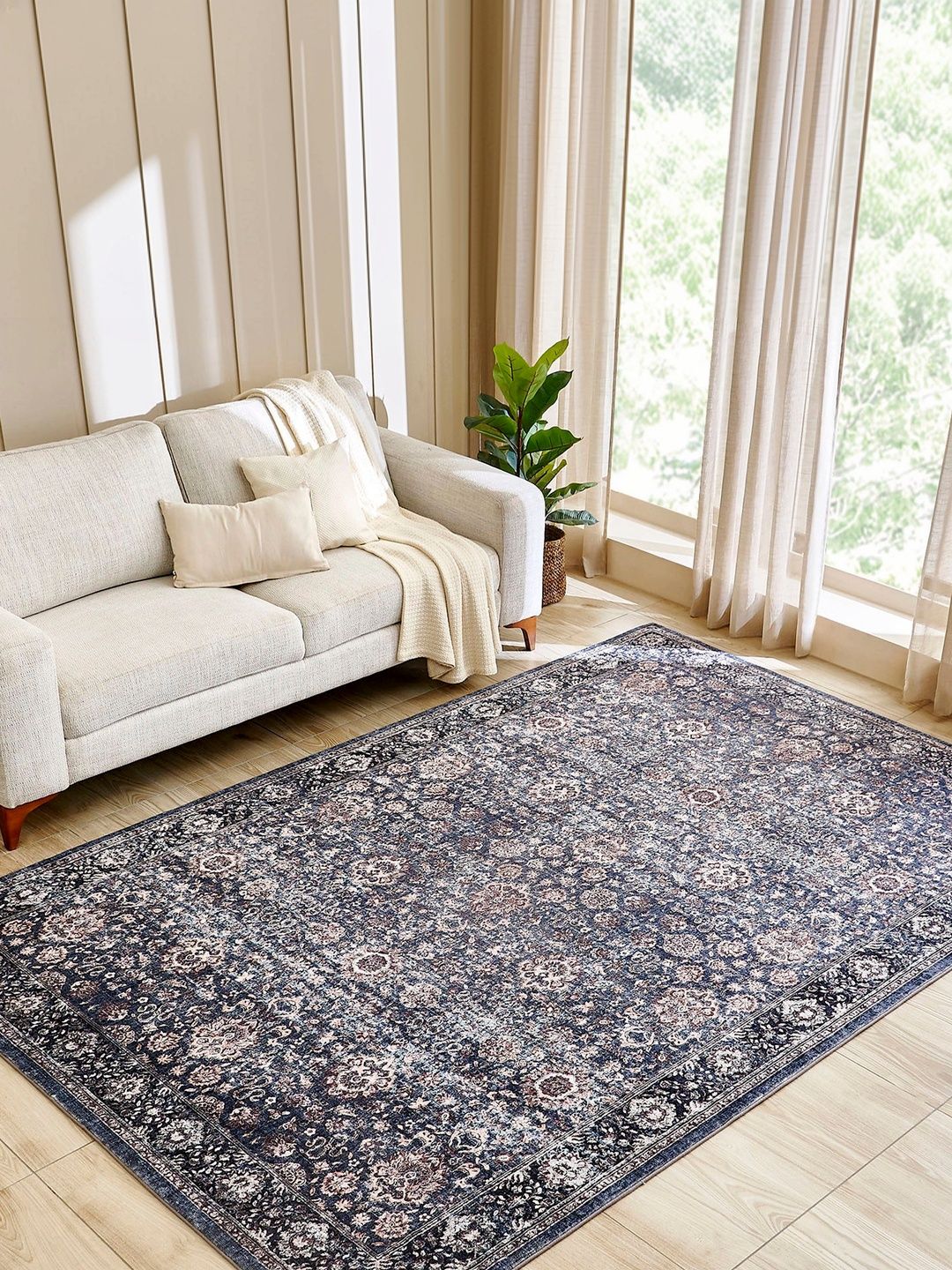 Home Centre Blue Traditional Anti-Skid Polyester Carpet-picture-18