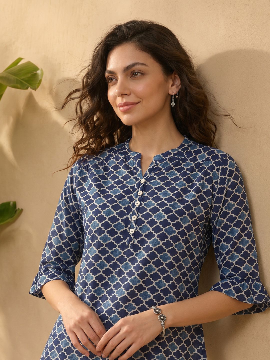 Janasya Ethnic Motifs Printed Mandarin Collar Bell Sleeve Pure Cotton A-Line Top-picture-21