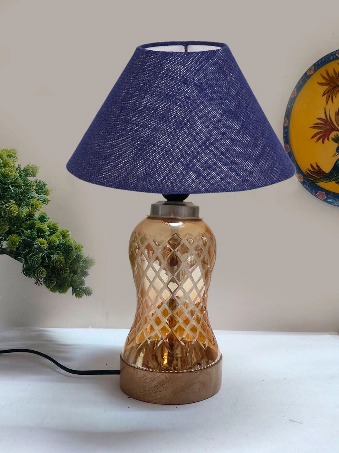 Myntra Elegant Homes Blue Textured Glass Traditional Frusturical Shaped Table Lamp-picture-25