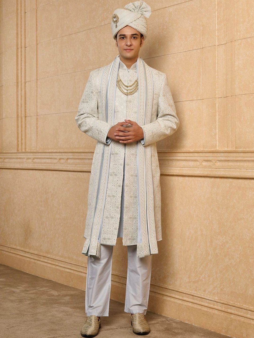 Tasva Embroidered Mandarin Collar Sherwani Set-picture-23