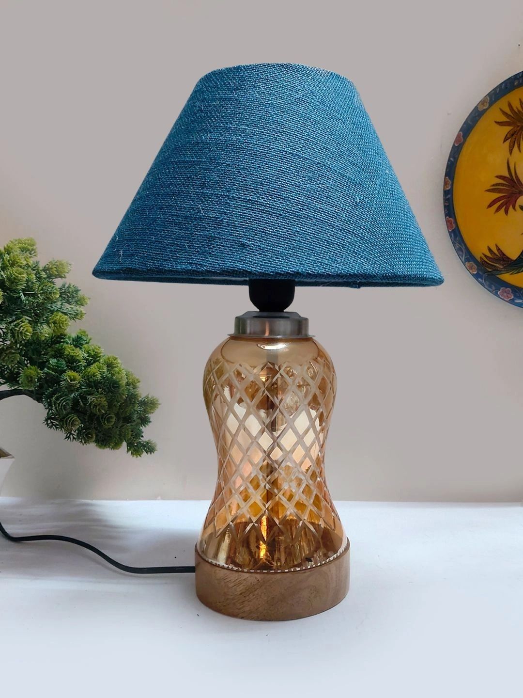 Myntra Elegant Homes Turquoise Blue Textured Glass Traditional Abstract Shaped Table Lamp-picture-32