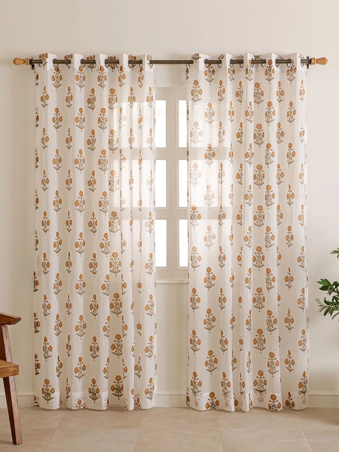 Myntra Elegant Homes Mustard Set of 2 Floral Sheer Window Curtain-picture-51