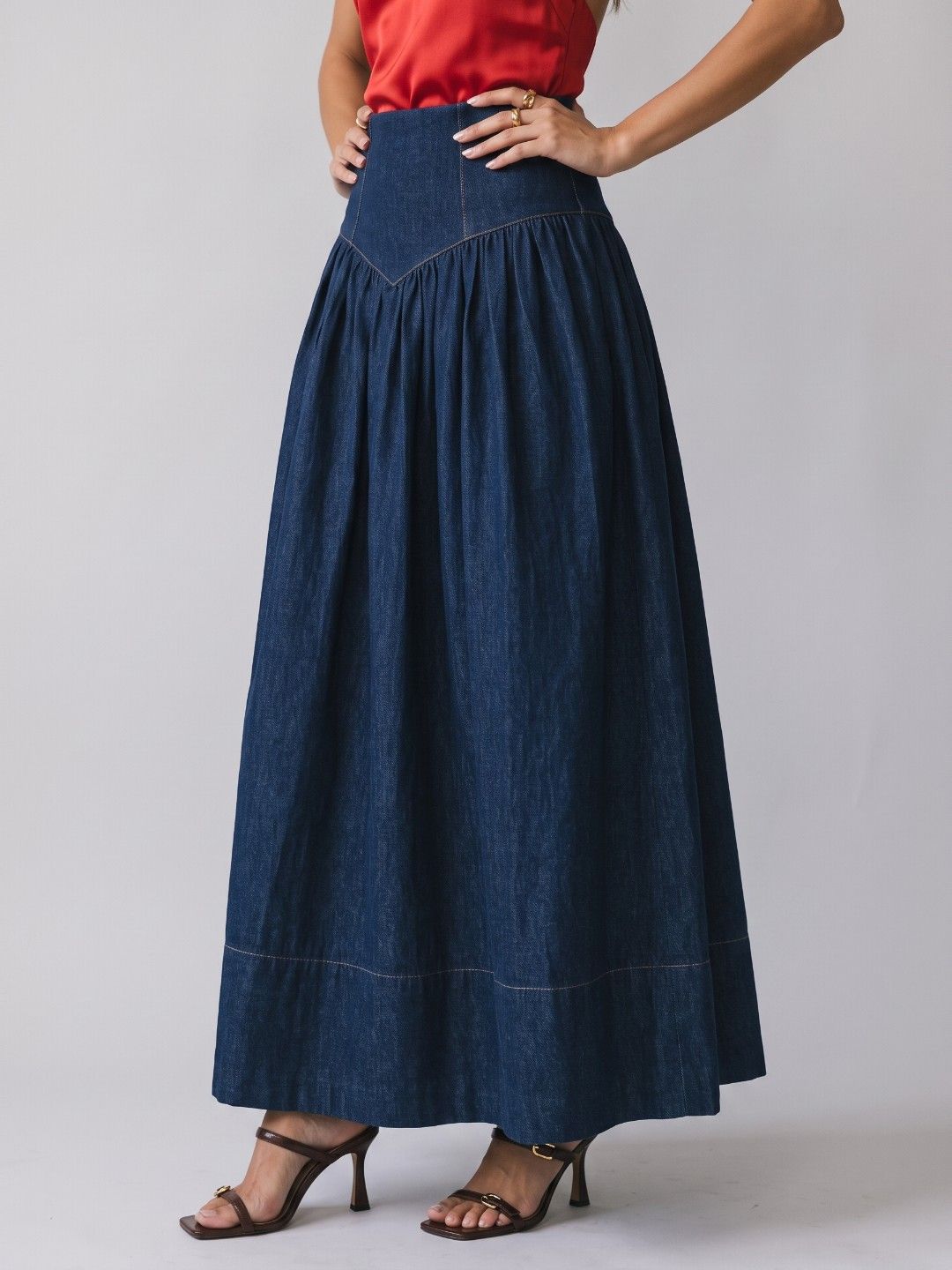 Navy Blue Denim Maxi A-Line Skirt-image-2