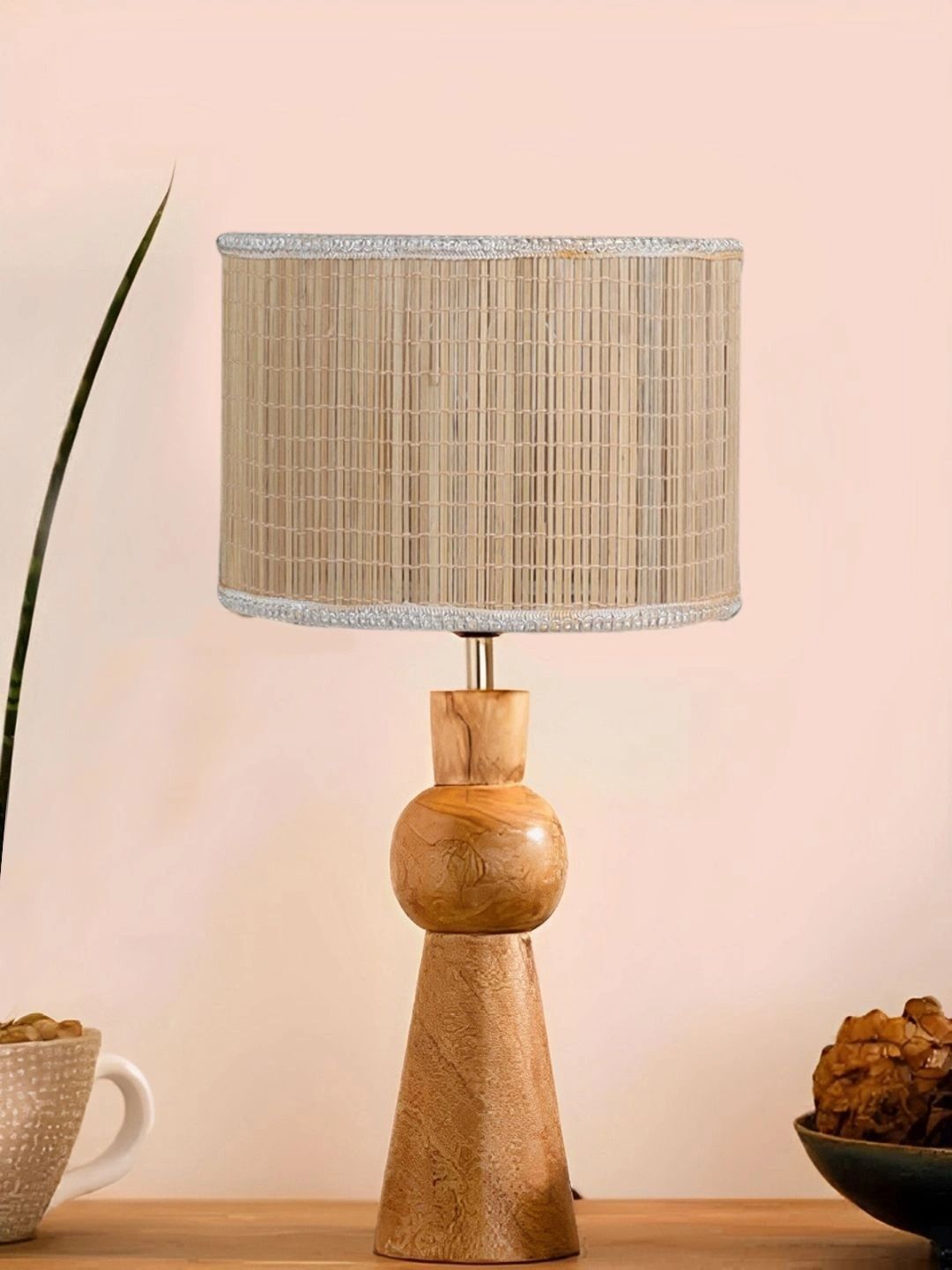 Myntra Elegant Homes Beige Textured Wood Traditional Cylindrical Shaped Table Lamp-image-43
