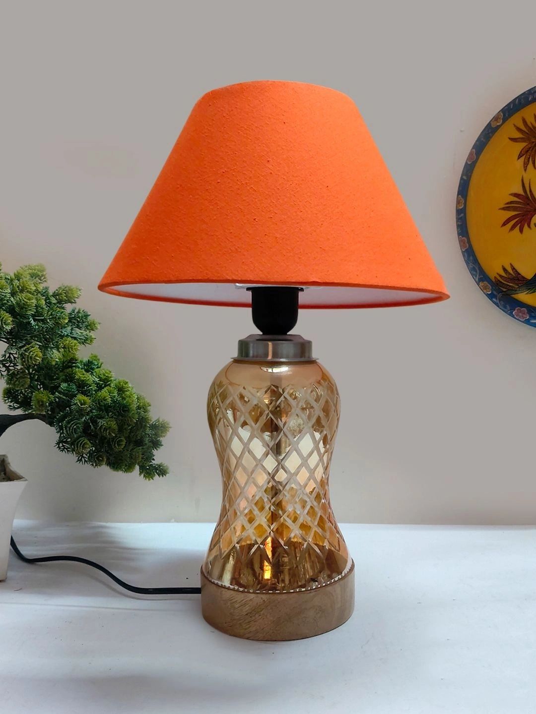 Myntra Elegant Homes Orange Textured Glass Traditional Frusturical Shaped Table Lamp-picture-24