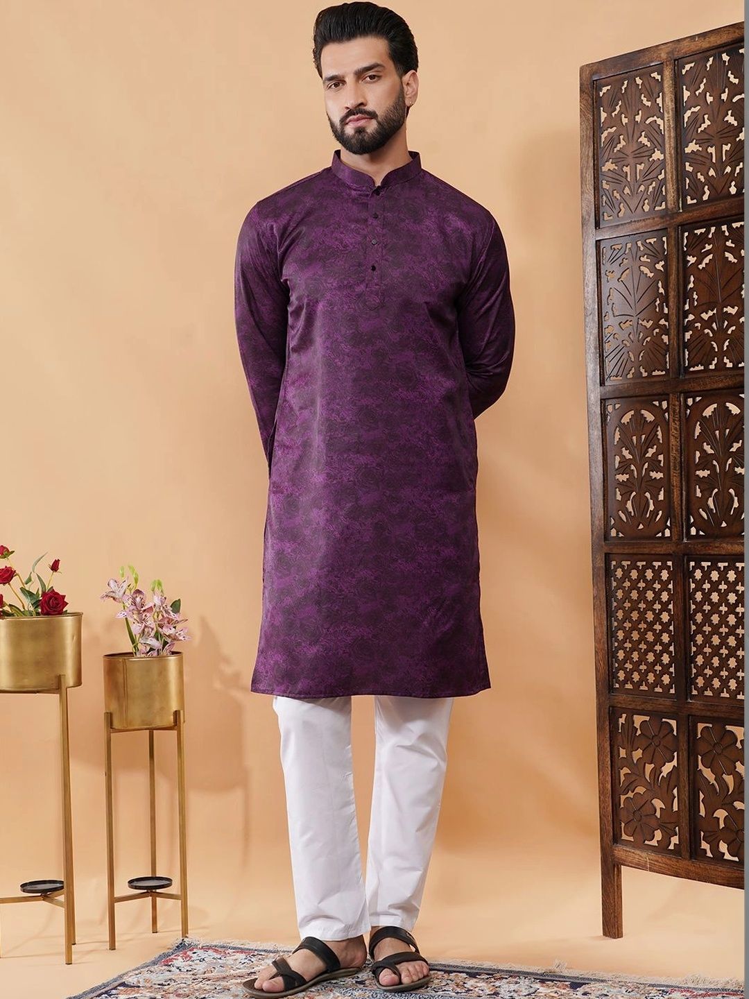 ADHIRAJAN Men Floral Printed Satin Blend Kurta-picture-5