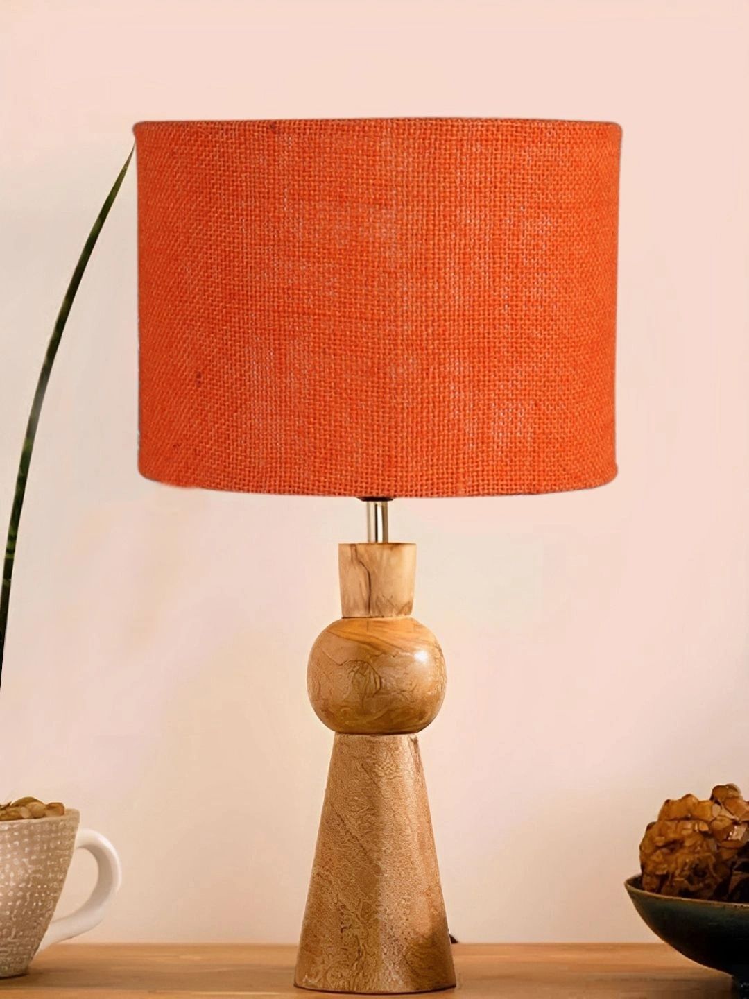 Myntra Elegant Homes Orange Textured Wood Traditional Cylindrical Shaped Table Lamp-picture-12
