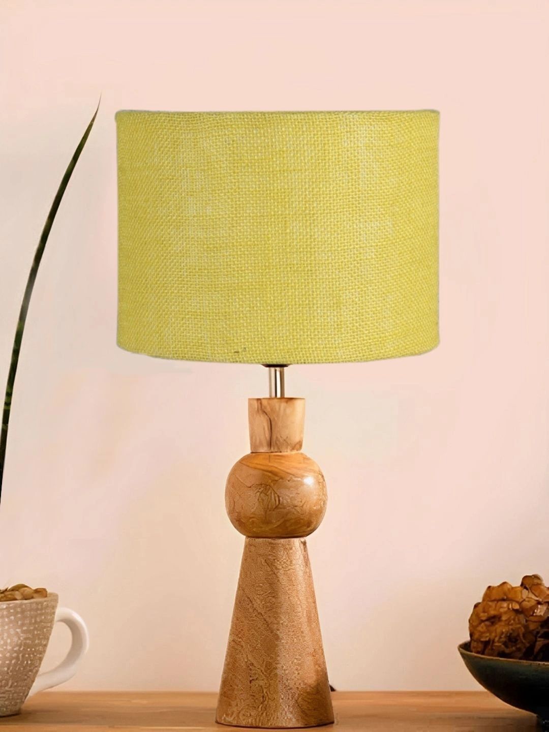 Myntra Elegant Homes Yellow Textured Wood Traditional Cylindrical Shaped Table Lamp-picture-19