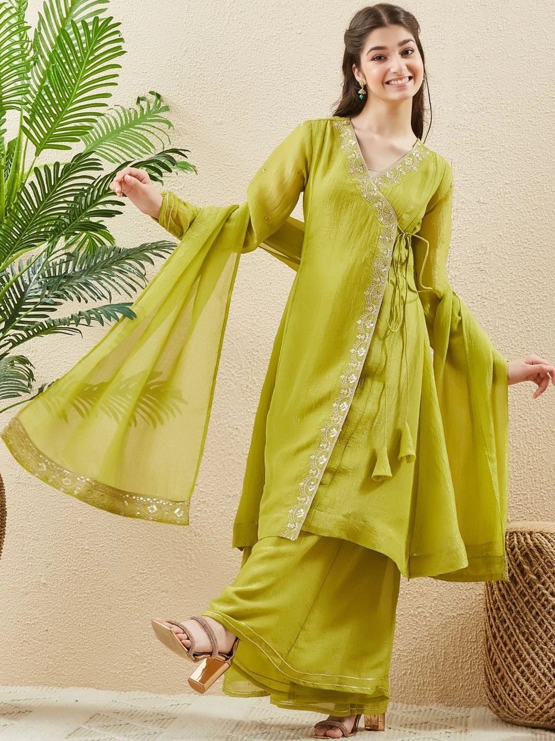 CurlyTales Girls Ethnic Motifs Embroidered Angrakha Pure Silk Kurta with Palazzos & With Dupatta-picture-57