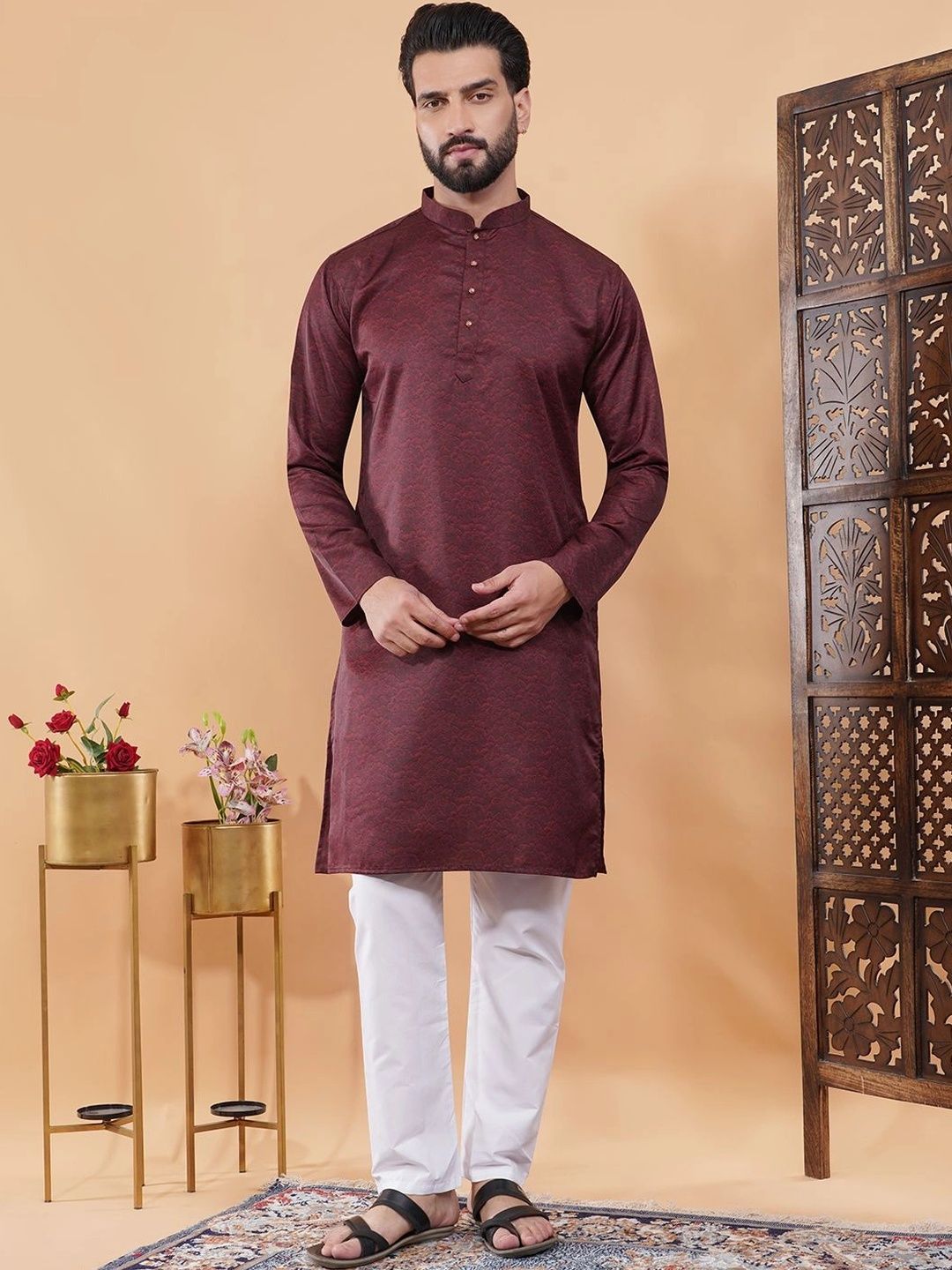 ADHIRAJAN Men Floral Satin Blend Kurta-picture-44