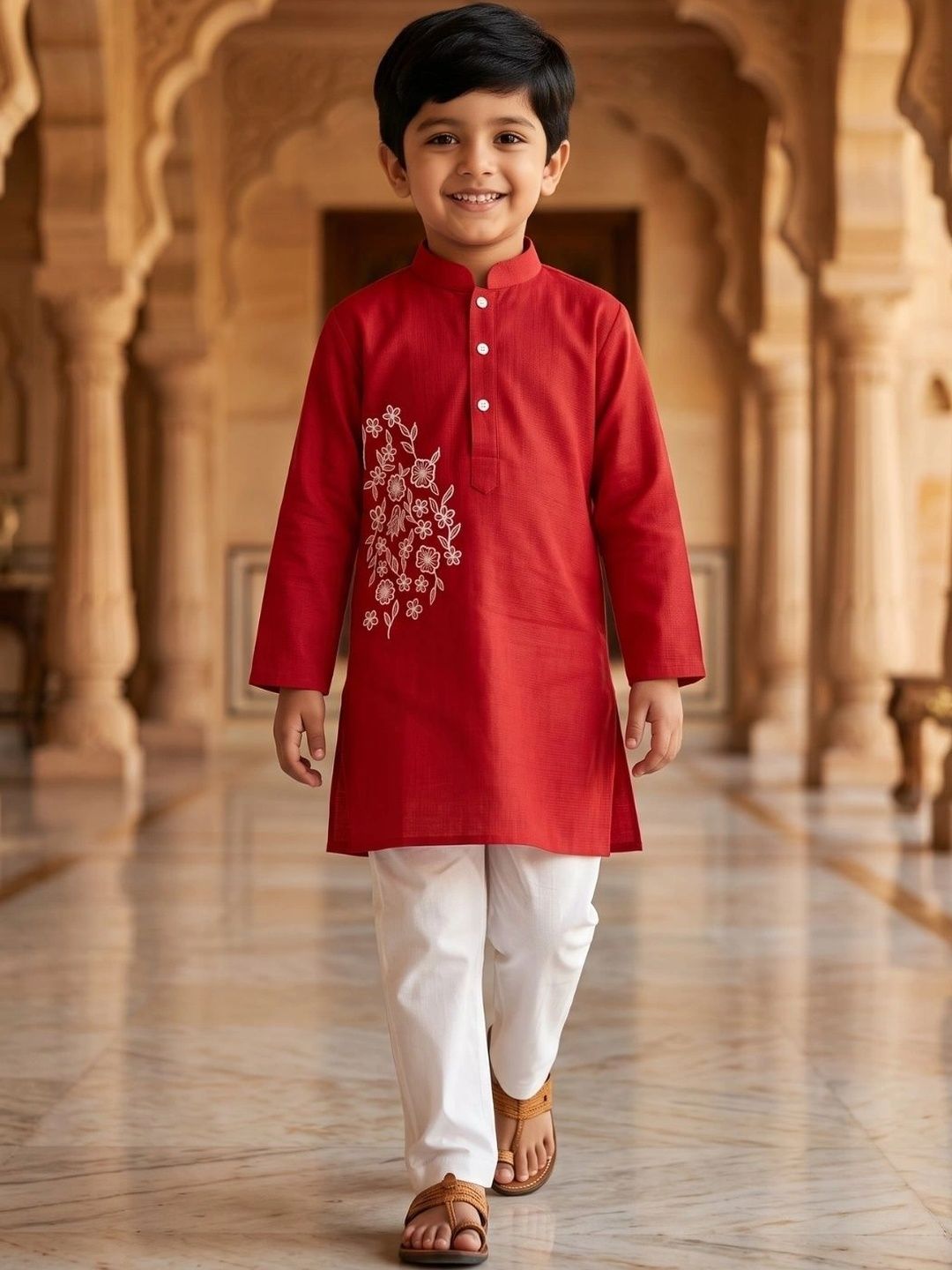 Aj DEZInES Boys Floral Embroidered Regular Thread Work Pure Cotton Kurta with Pyjamas-picture-17