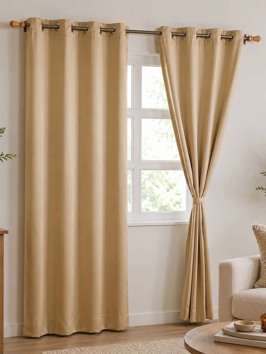 Aura Blackout Curtains 7 Feet Set Of 2 | Room Darkening & Noise Reduction Curtains With Eyelits & Tiebacks | Golden Beige-image-25