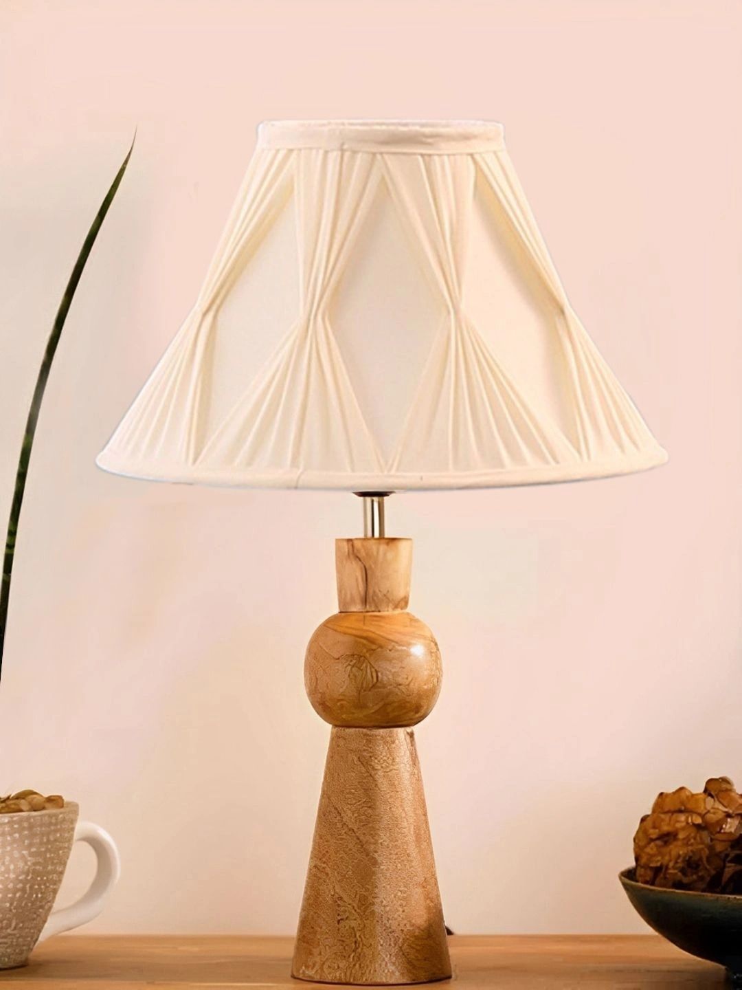 Myntra Elegant Homes Off White Textured Wood Traditional Frusturical Shaped Table Lamp-picture-32
