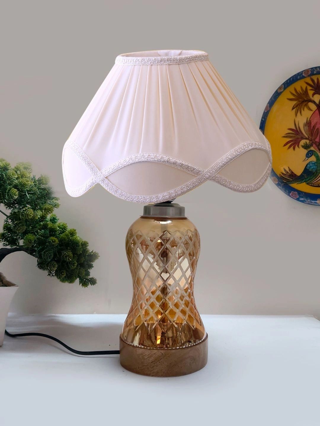 Myntra Elegant Homes Off White Textured Glass Traditional Bell Shaped Table Lamp-image-11