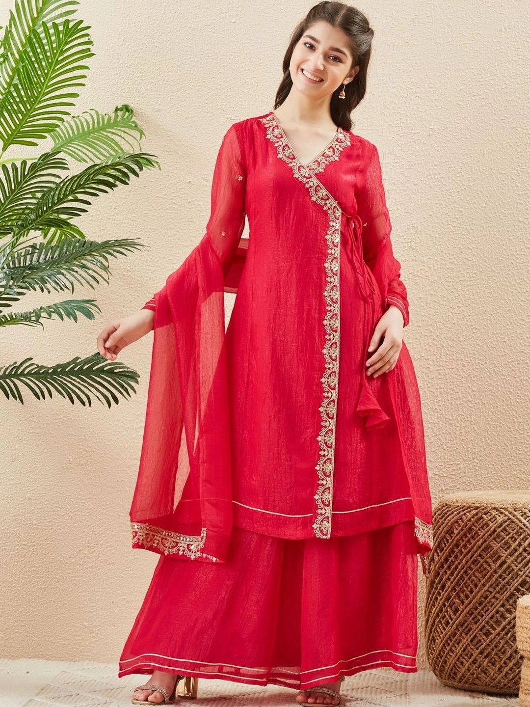 CurlyTales Girls Ethnic Motifs Embroidered Angrakha Pure Silk Kurta with Sharara & With Dupatta-picture-10