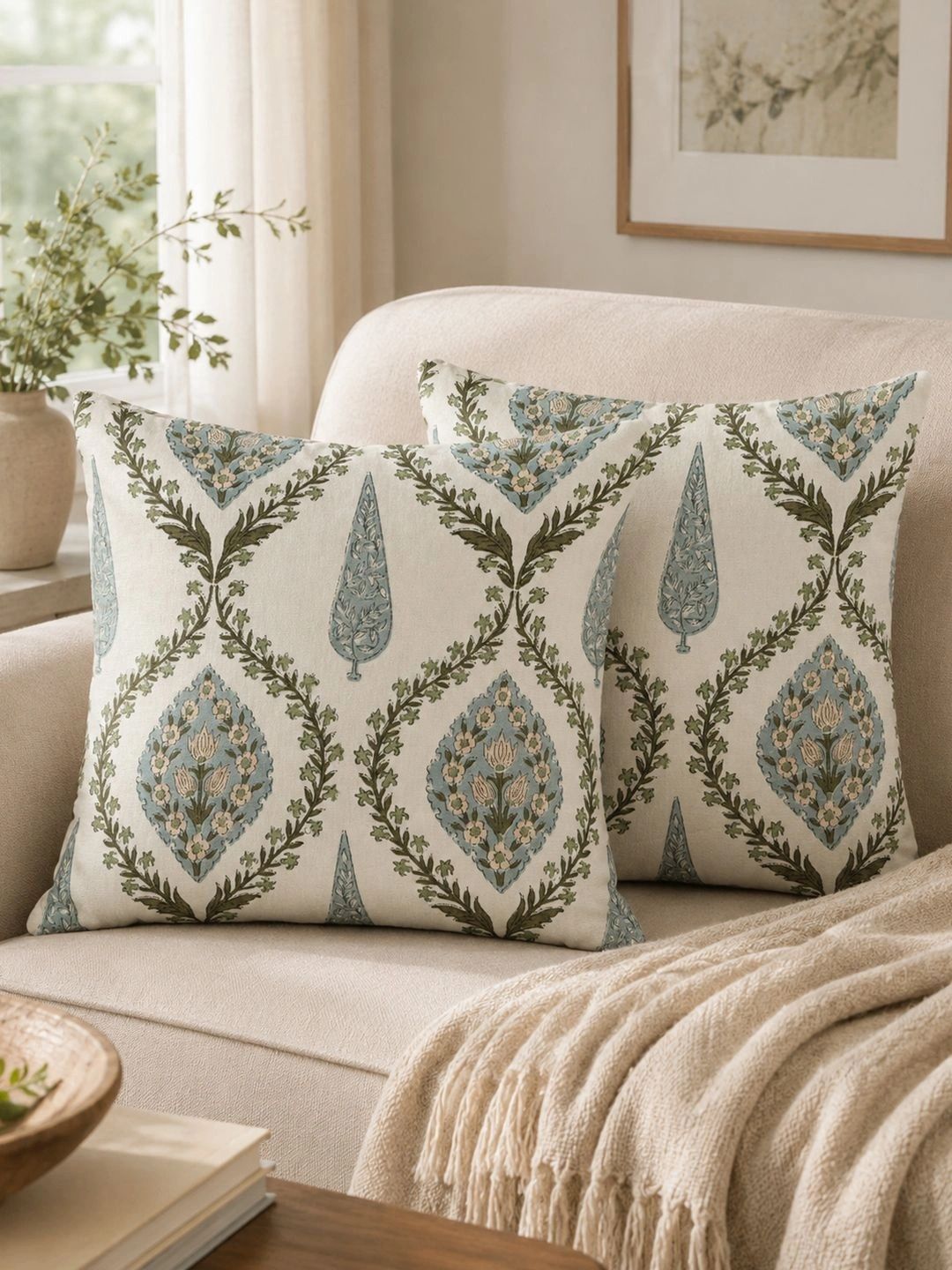 Myntra Elegant Homes Cream-Coloured & Blue Set of 2 Floral Square Cushion Covers-picture-12