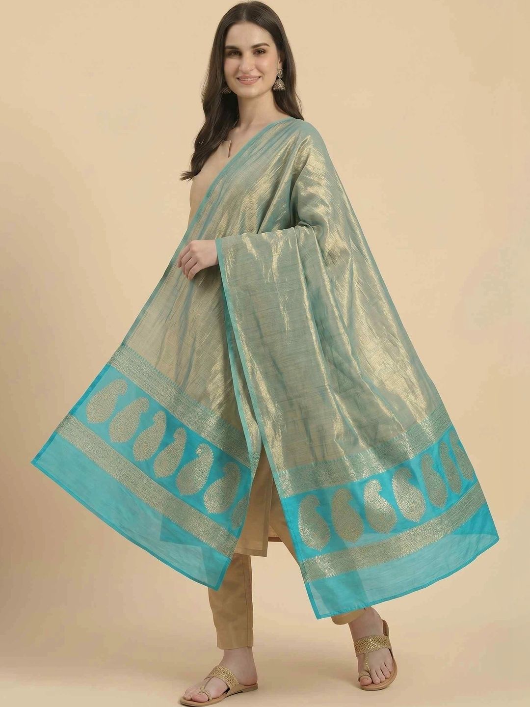 Banarasi Style Paisley Woven Design Pure Silk Dupatta with Zari-image-6