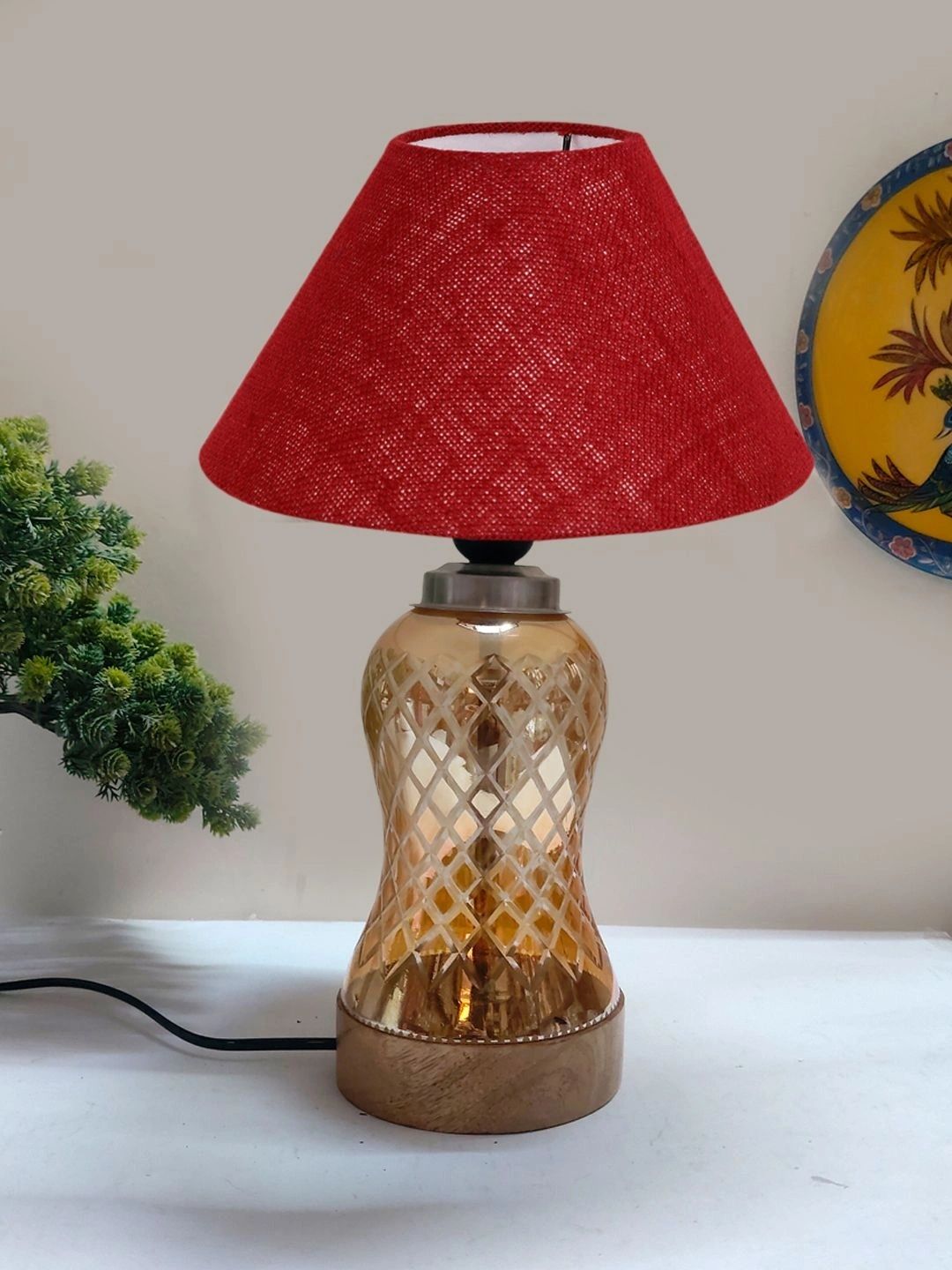 Myntra Elegant Homes Maroon Textured Glass Traditional Frusturical Shaped Table Lamp-picture-48