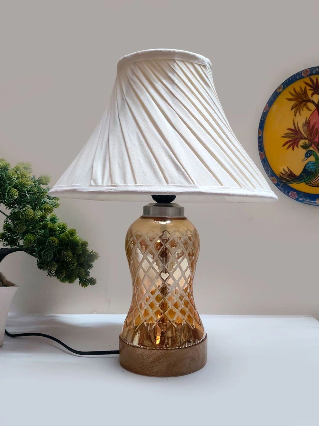 Myntra Elegant Homes Off White Textured Glass Traditional Frusturical Shaped Table Lamp-picture-29