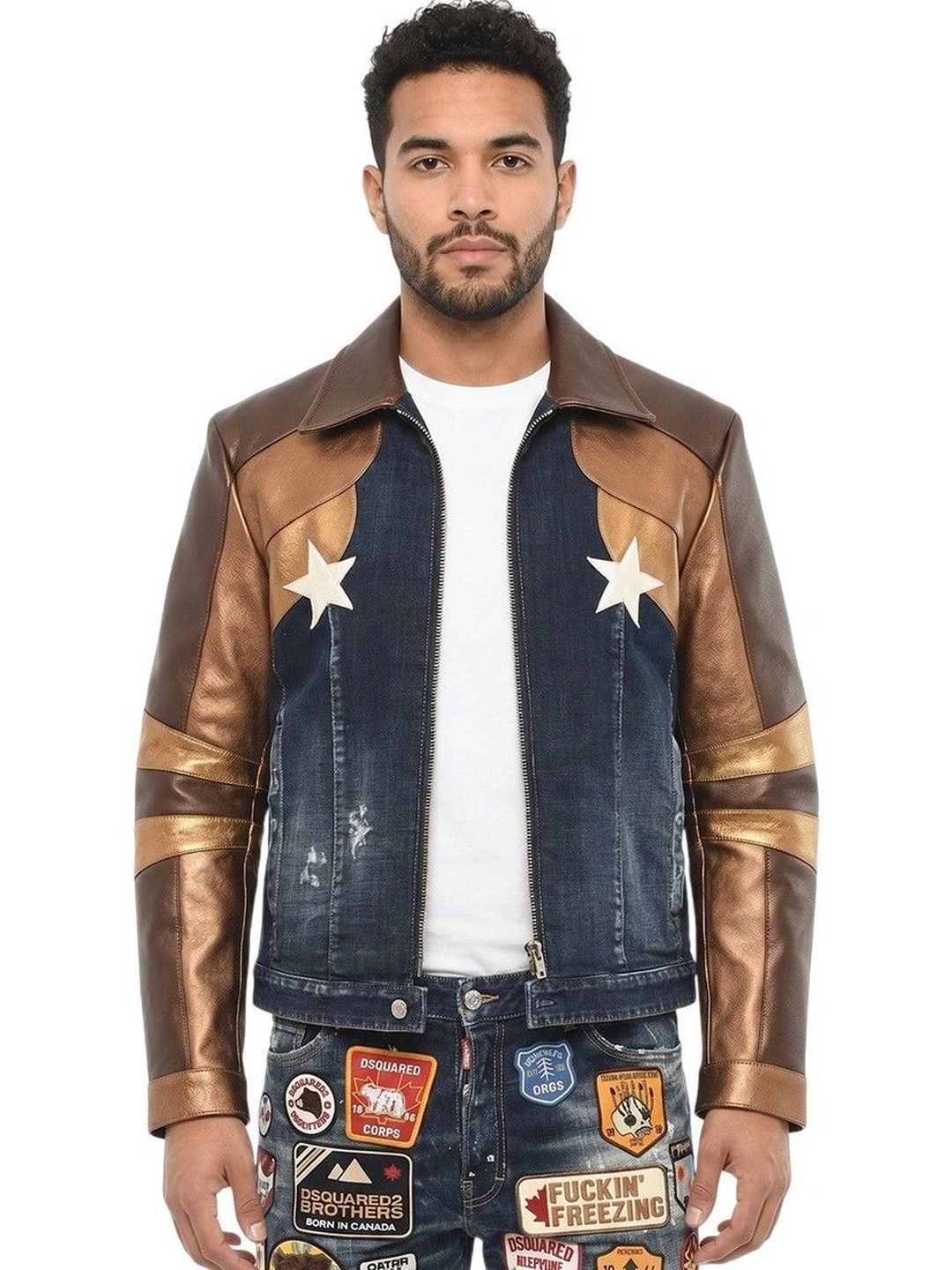 Dsquared2 Men Colourblocked Biker Jacket with Patchwork-image-41