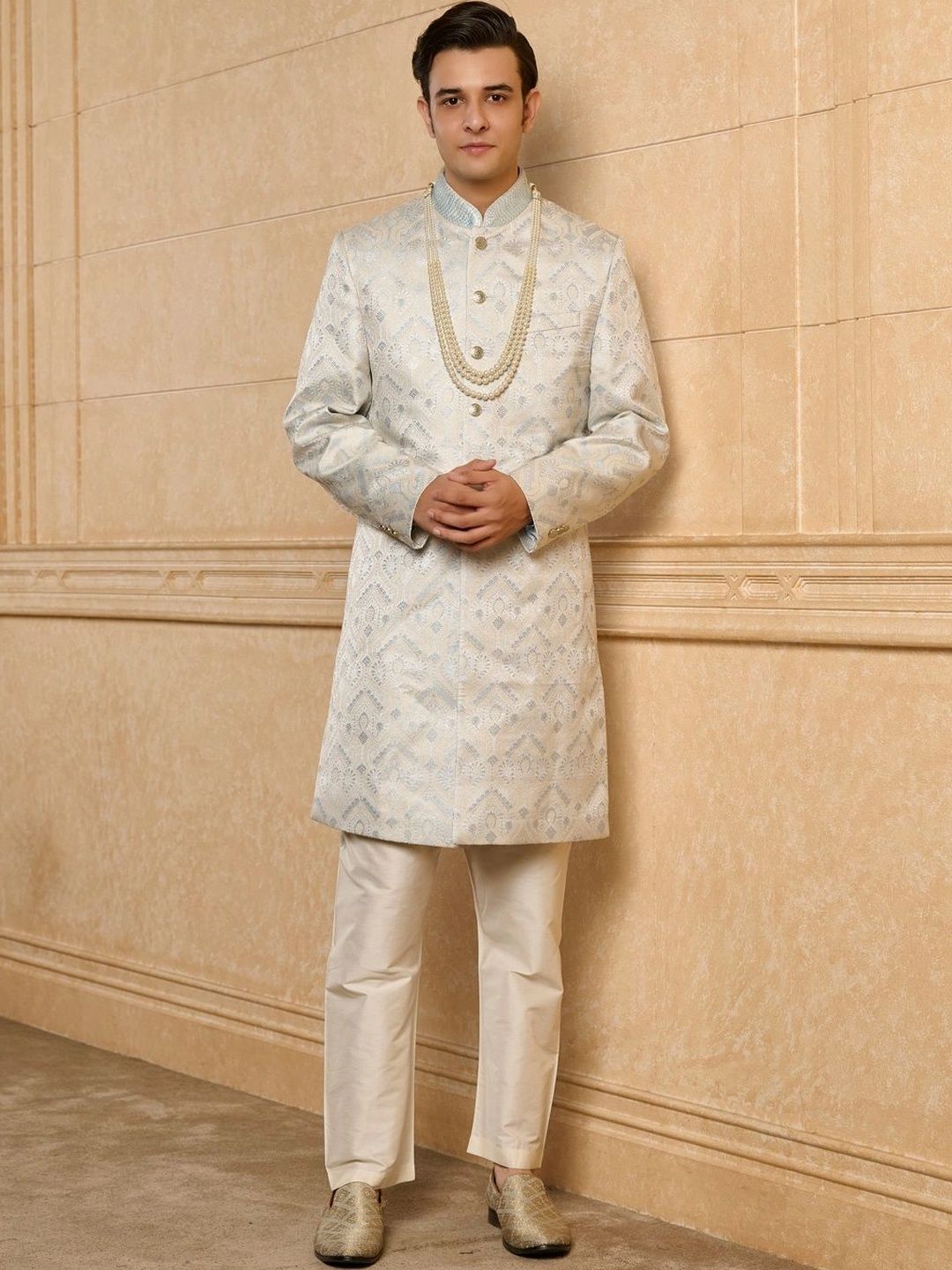 Tasva Botanical Brocade Mandarin Collar Sherwani Set-image-10