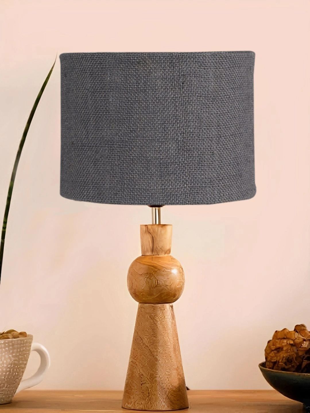 Myntra Elegant Homes Grey Textured Wood Traditional Cylindrical Shaped Table Lamp-picture-36