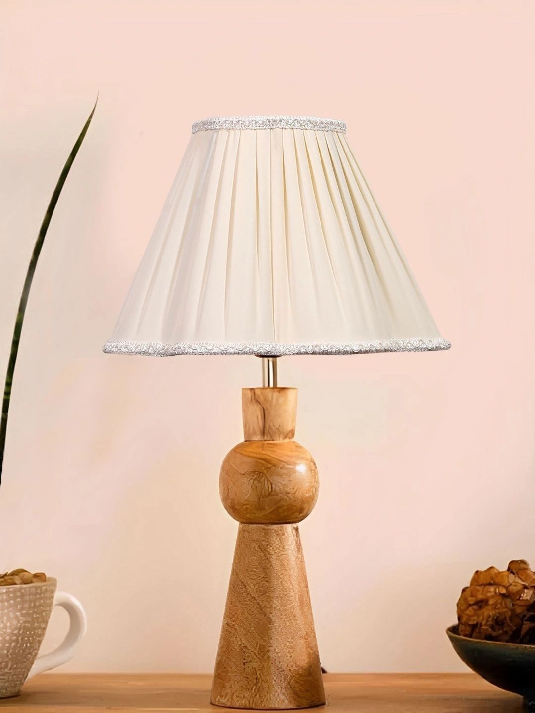 Myntra Elegant Homes Off White Textured Wood Traditional Frusturical Shaped Table Lamp-picture-31