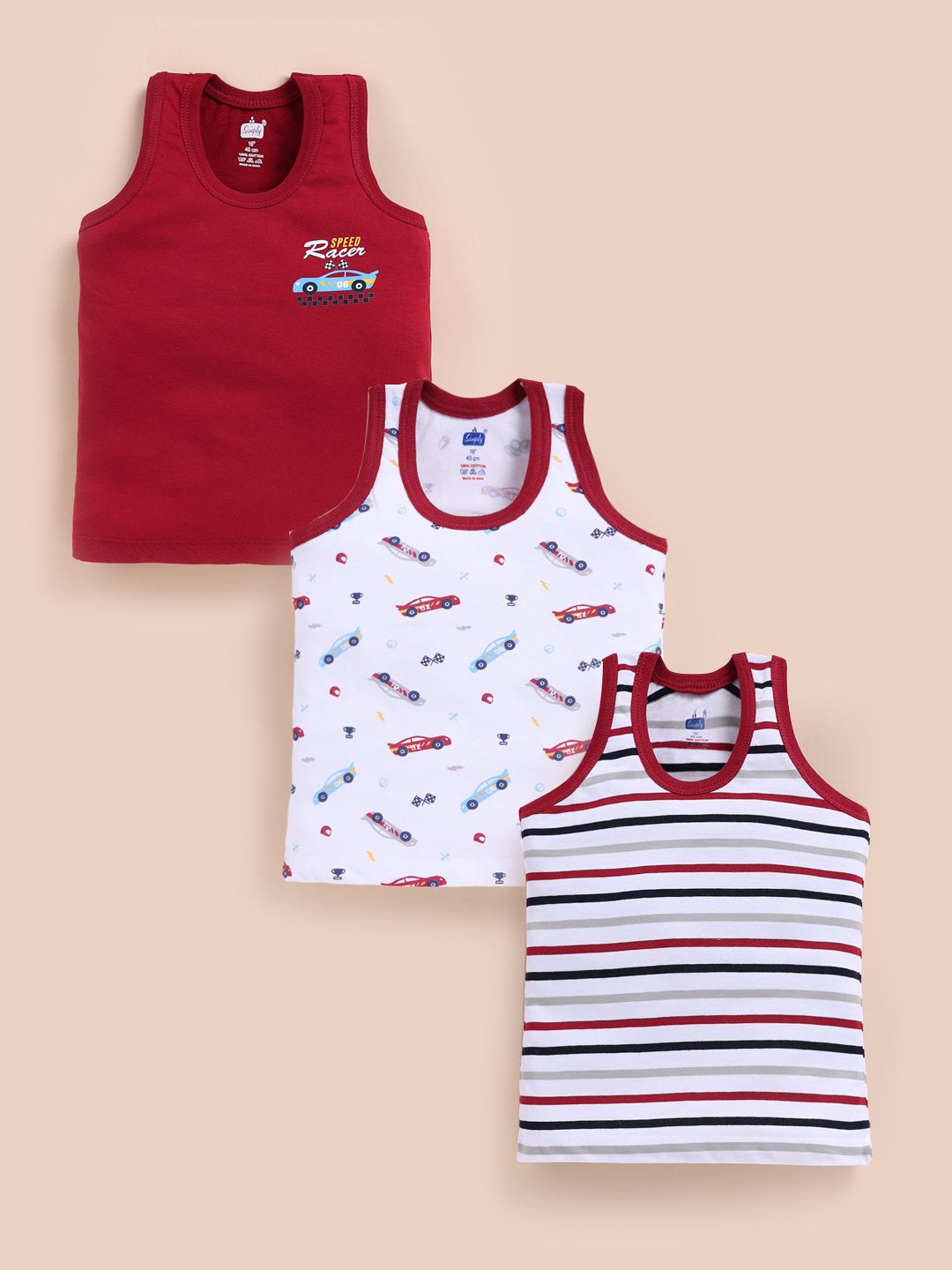 Simply Boys Pack of 3 Printed Pure Cotton Basic Vests-picture-40
