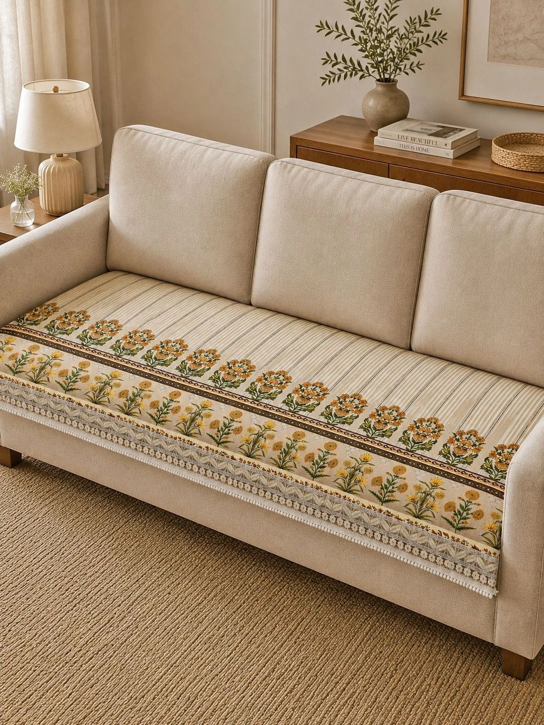 The Home Story Cream-Coloured Printed 1 Piece Sofa Cover Without Arms-picture-28