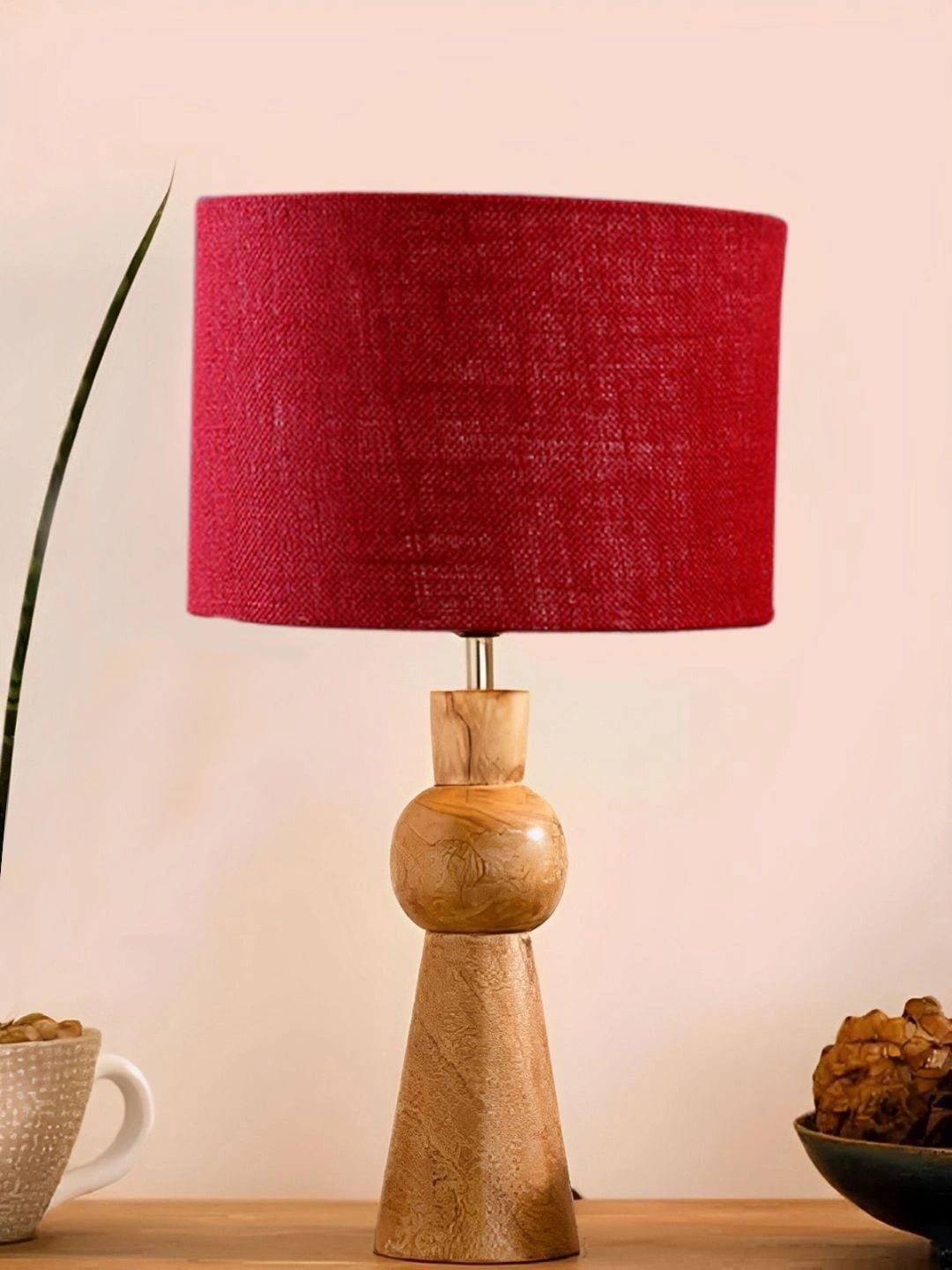 Myntra Elegant Homes Maroon Textured Wood Traditional Cylindrical Shaped Table Lamp-picture-50