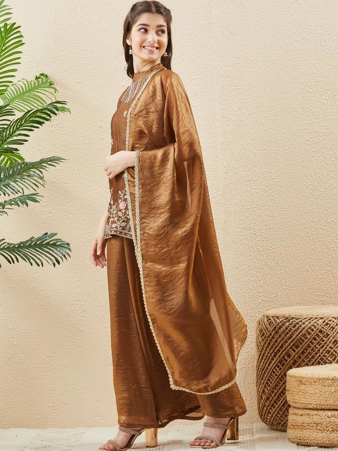 CurlyTales Girls Ethnic Motifs Embroidered Regular Thread Work Pure Silk Kurta with Palazzos & With Dupatta-picture-32