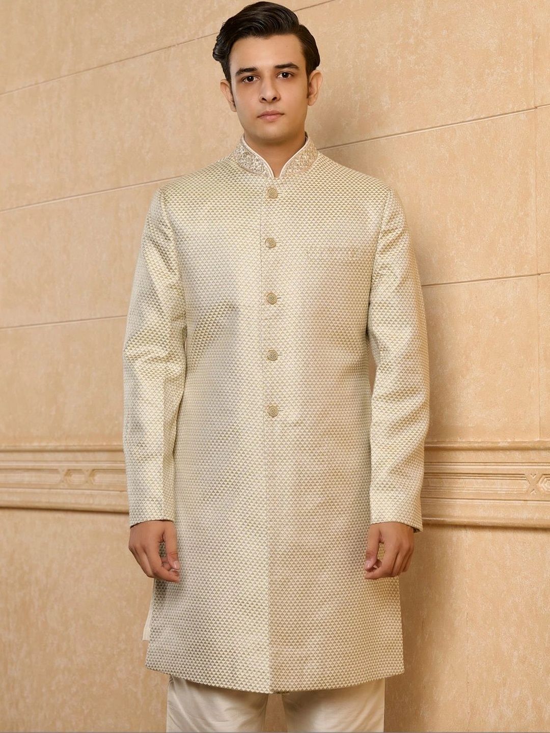 Tasva Check Weave Textured Mandarin Collar Sherwani Set-image-18