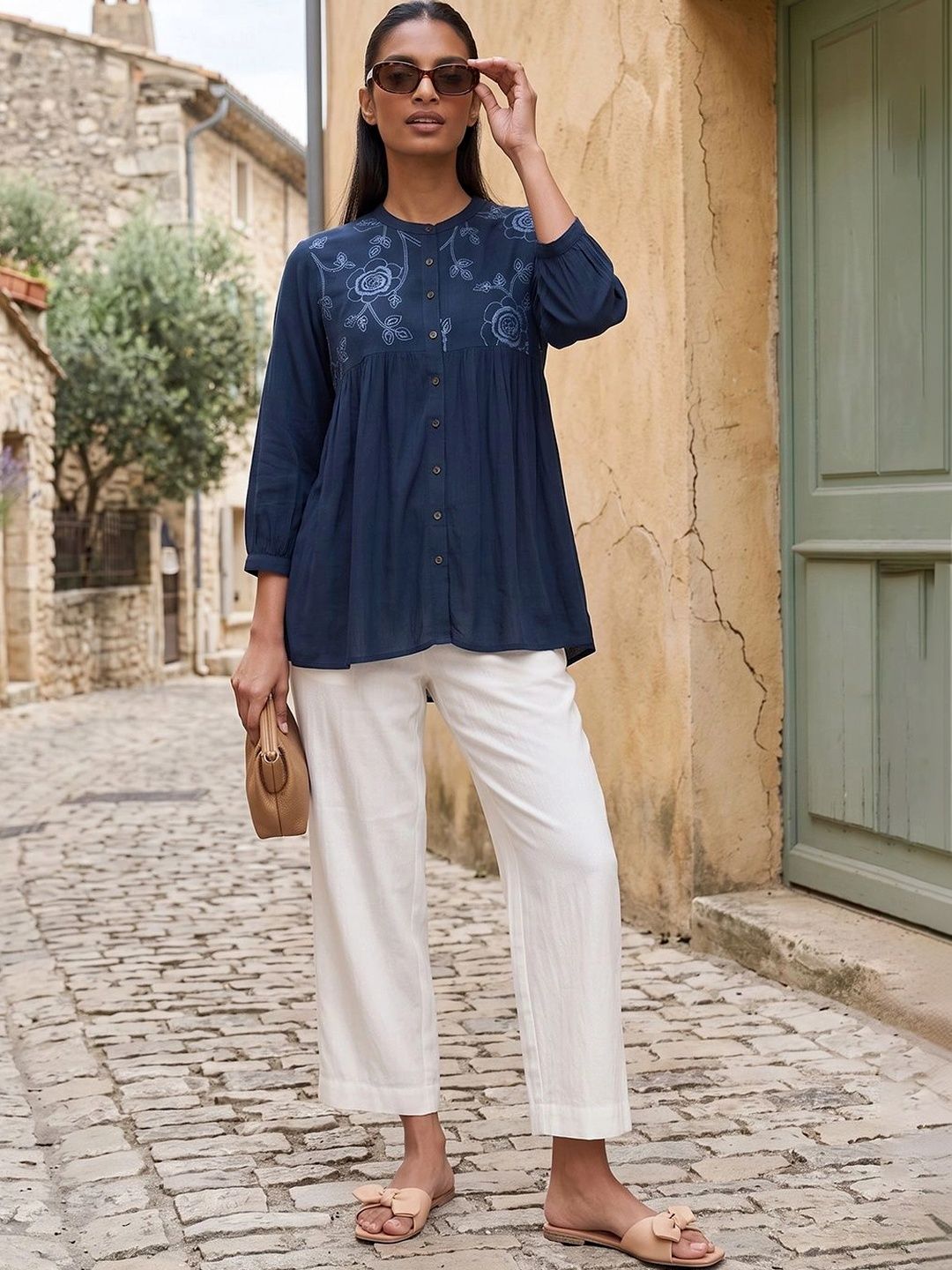 Melange by Lifestyle Viscose Rayon Mandarin Collar Embroidered Tunic-picture-10